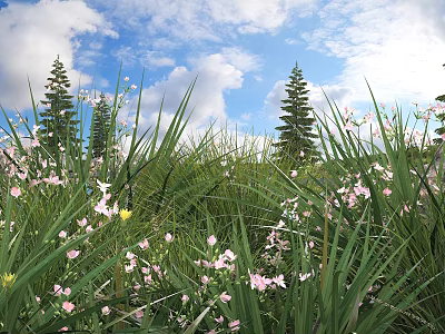 Lush Green Bushes Surrounded by Pink Flowers and Tall Pine Trees Under Blue Sky 3d model
