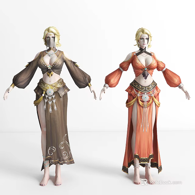 Game and Movie Character With Off Shoulder Long Skirt Decorative Belt In Brown Orange Outfits 3d model 