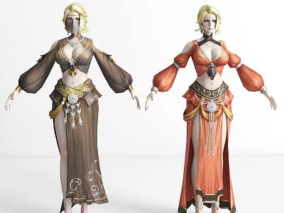 Game and Movie Character With Off Shoulder Long Skirt Decorative Belt In Brown Orange Outfits 3d model