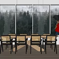 Modern Dining Table Set Interior With Large Windows Forest View And Raindrops 3d model