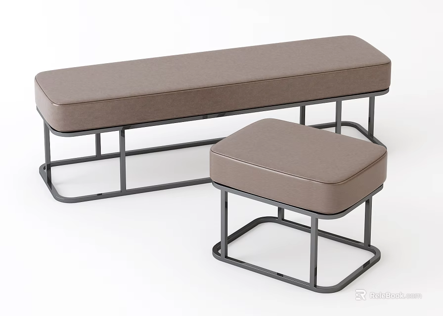 Brown Upholstered Footstools Set With Black Metal Frames Modern Home Decor Design 3d model 