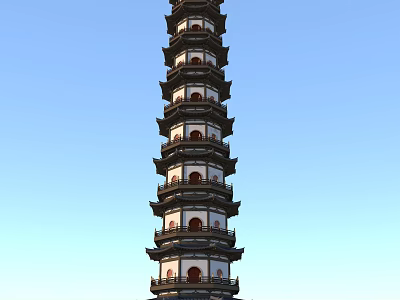 Traditional Multi Story Pagoda With Red Windows And Blue Sky Background 3d model