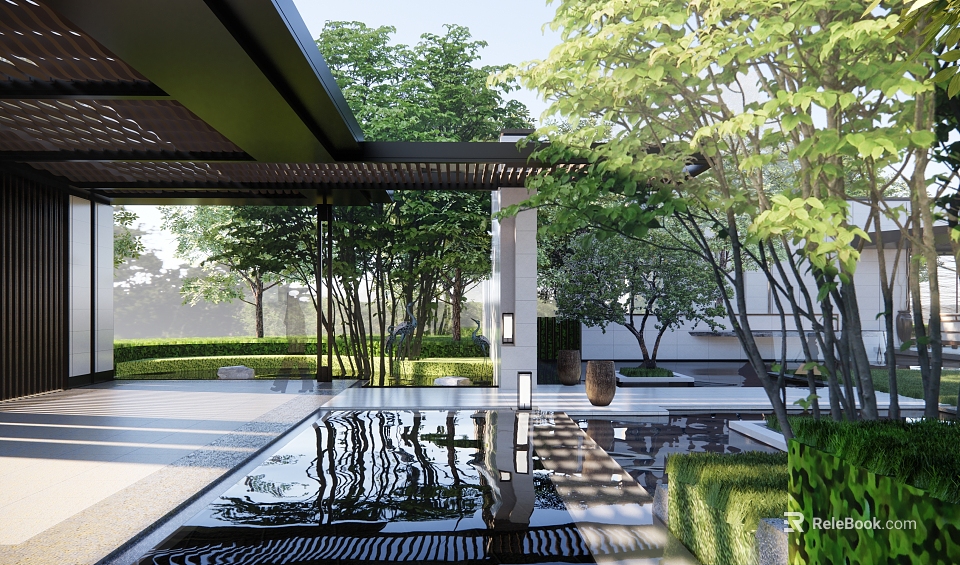 Modern Outdoor Pergola In Garden With Water Reflection Trees And Stone Floor 3d model 