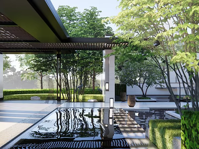 Modern Outdoor Pergola In Garden With Water Reflection Trees And Stone Floor 3d model