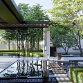 Modern Outdoor Pergola In Garden With Water Reflection Trees And Stone Floor