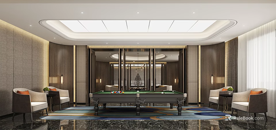 Luxurious Clubhouse Interior With Modern Design Billiard Table And Comfortable Sofas 3d model 