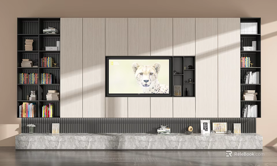 Elegant Modern TV Cabinet Design With Bookshelves Marble Countertop And Cheetah 3d model 