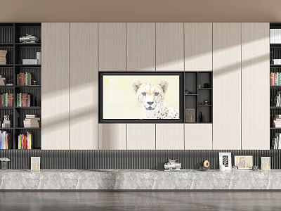 Elegant Modern TV Cabinet Design With Bookshelves Marble Countertop And Cheetah 3d model