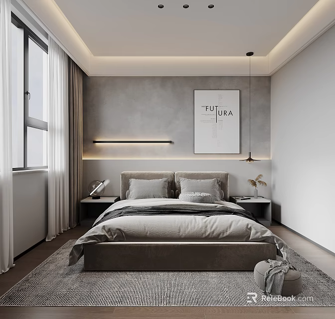 Modern Bedroom Interior Design With Gray Walls Bedside Lamps And Wall Art 3d model 