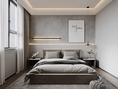 Modern Bedroom Interior Design With Gray Walls Bedside Lamps And Wall Art 3d model