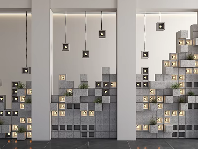 Modern Minimalist Garden Decorative Elements With Gray Cube Wall Small Lights And Green Plants 3d model