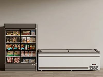 Upright And Chest Freezers With Various Food Items In Storage Space 3d model