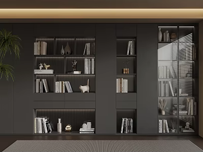 Modern Home Library Interior With Dark Wood Bookcases Books Decorative Items And Potted Plant 3d model