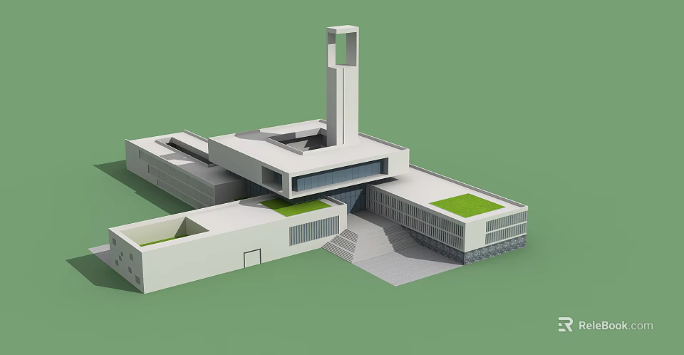 Modern Architectural Structure With White Exterior Tall Tower And Green Roof Sections 3d model 