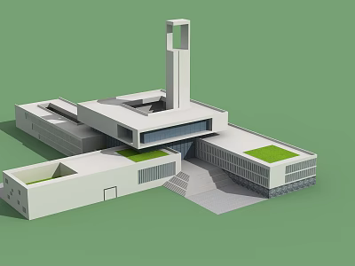 Modern Architectural Structure With White Exterior Tall Tower And Green Roof Sections 3d model
