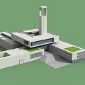 Modern Architectural Structure With White Exterior Tall Tower And Green Roof Sections