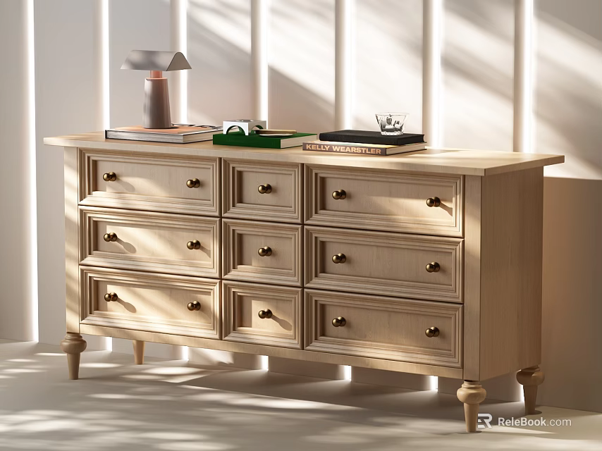Modern Minimalist Wooden Entryway Console Table with Drawers Metal Handles and Decorative Items on Top 3d model 