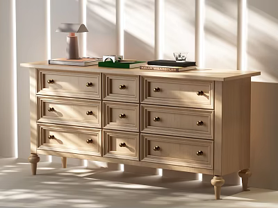 Modern Minimalist Wooden Entryway Console Table with Drawers Metal Handles and Decorative Items on Top 3d model