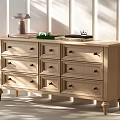 Modern Minimalist Wooden Entryway Console Table with Drawers Metal Handles and Decorative Items on Top