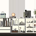 Modern White Lighted Decorative Cabinet with Glass Doors Books Decor Items and Vertical Striped Wall