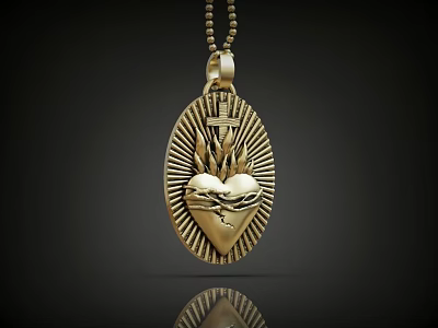 Elegant Gold Heart Pendant with Oval Shape and Radiant Flame Details 3d model
