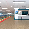 Hospital Waiting Room With Blue Chairs Colorful Floor Stripes White Walls And Info Signs