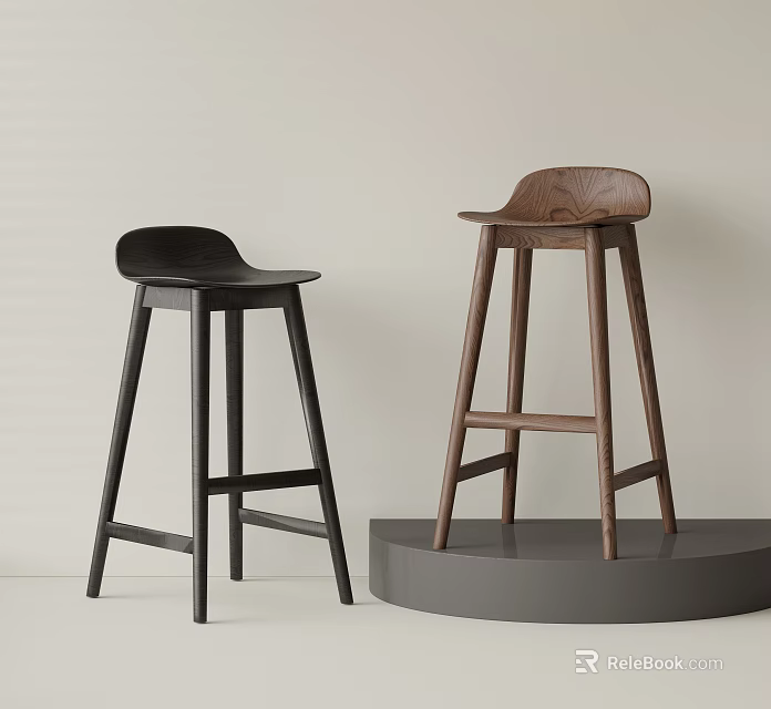 Modern Bar Stools Featuring Wooden Seat Black Frame And Display Stand 3d model 