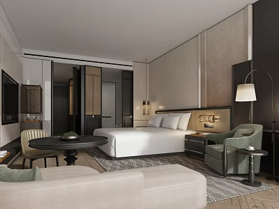 Modern Hotel Room Interior Design With King Bed Sofa Armchair TV And Floor Lamp 3d model