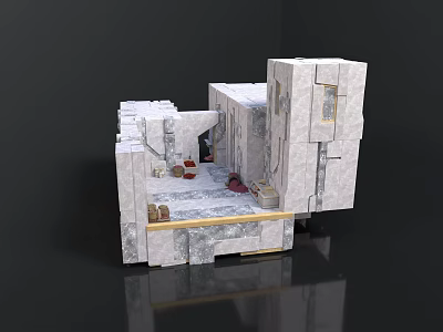 Modern Architectural Model Featuring White Gray Block Structure Interior Red Mats And Brown Boxes 3d model
