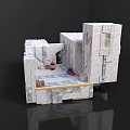 Modern Architectural Model Featuring White Gray Block Structure Interior Red Mats And Brown Boxes