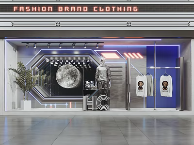 Futuristic Fashion Brand Clothing Store Window with Moon Decoration Mannequin T-shirts Neon Lights Green Plant 3d model
