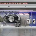 Futuristic Fashion Brand Clothing Store Window with Moon Decoration Mannequin T-shirts Neon Lights Green Plant 3d model