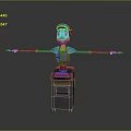 Cartoon Robot In Blue Cap Outfit With Extended Arms And White Tools On Black Oven
