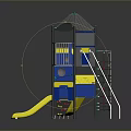 Outdoor Children Playground Structure With Yellow Slides Blue Panels And Multi Level Climbing Area