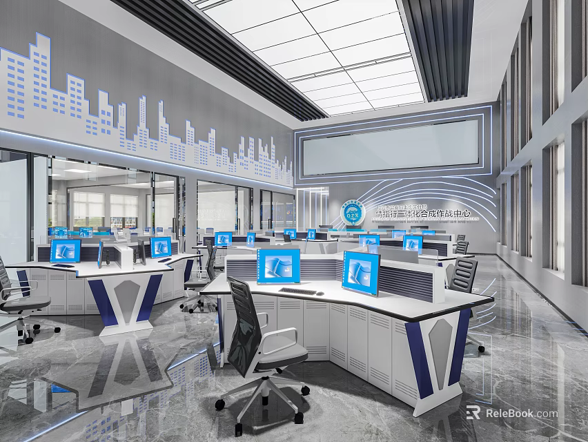 Modern Monitoring Room With Workstations And Computers 3d model 