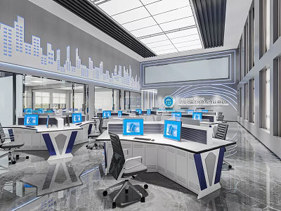 Modern Monitoring Room With Workstations And Computers 3d model