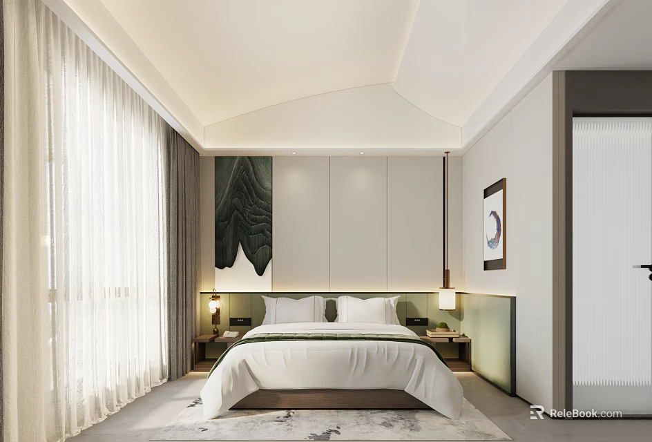 Elegant Modern Minimalist Hotel Room with White Bedding Green Art Beige Curtains and Wooden Nightstands 3d model 