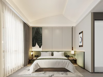 Elegant Modern Minimalist Hotel Room with White Bedding Green Art Beige Curtains and Wooden Nightstands 3d model