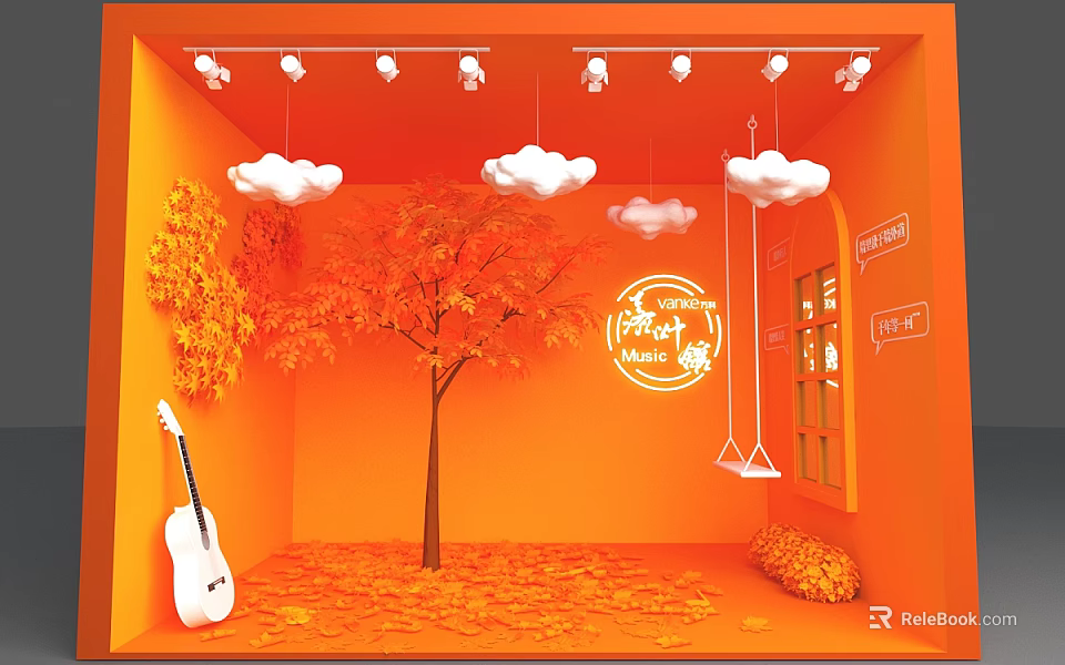 Orange Themed Decorative Scene With Clouds Guitar Swing Falling Leaves And Happy Music 3d model 