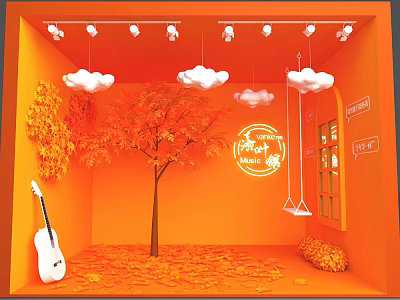 Orange Themed Decorative Scene With Clouds Guitar Swing Falling Leaves And Happy Music 3d model