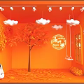 Orange Themed Decorative Scene With Clouds Guitar Swing Falling Leaves And Happy Music