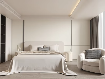 Modern Bedroom Interior With White Bedding Gray Pillows And Cozy Armchair 3d model