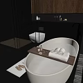 Luxurious Bathroom Interior Design With White Bathtub Marble Walls Wooden Shelf Folded Towels And Toiletries