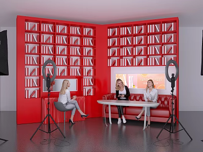 Public Office Area With Red Bookshelf Wall Ring Lights And People Sitting Together 3d model