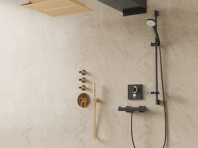 Modern Shower System With Brass And Black Finish Wall Mounted Handheld And Overhead Heads 3d model