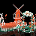 Window Display Decoration Featuring Red and White Windmill Green Ground and Orange Plants