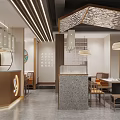 Modern Hotpot Restaurant Interior With Wooden Partition Seating Hanging Lamps Large Windows And Tree Views