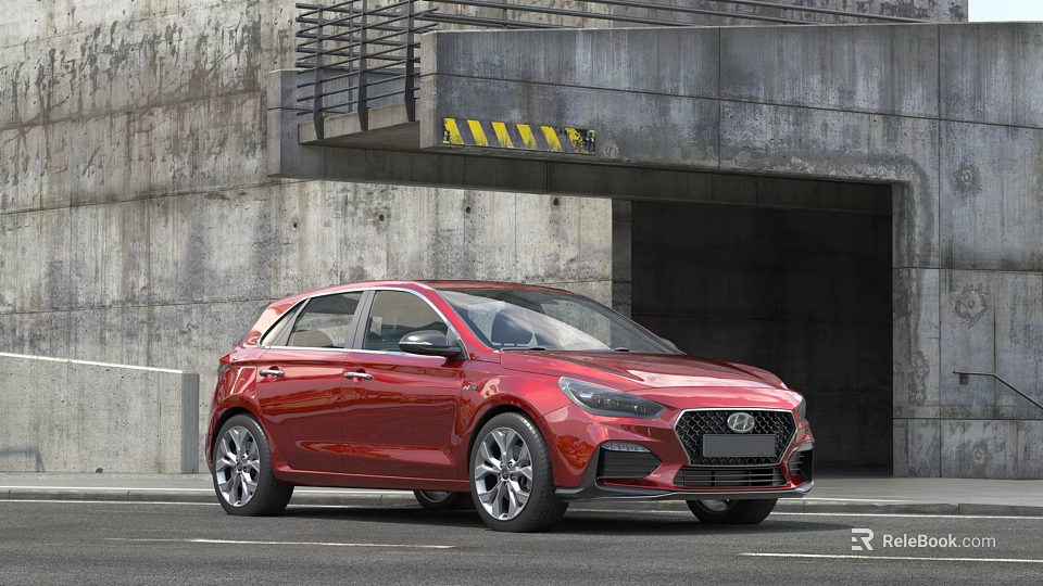 Red Hyundai Hatchback Parked On Road Near Concrete Structure And Underground Passage Entrance 3d model 