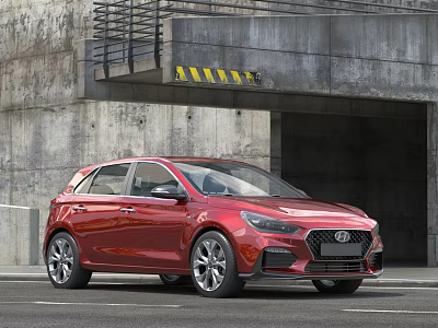 Red Hyundai Hatchback Parked On Road Near Concrete Structure And Underground Passage Entrance 3d model
