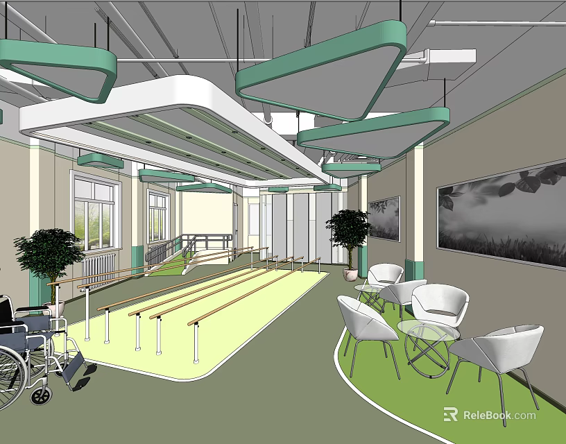 Rehabilitation Space With Wheelchair White Chairs Tables Green White Ceiling And Plants 3d model 